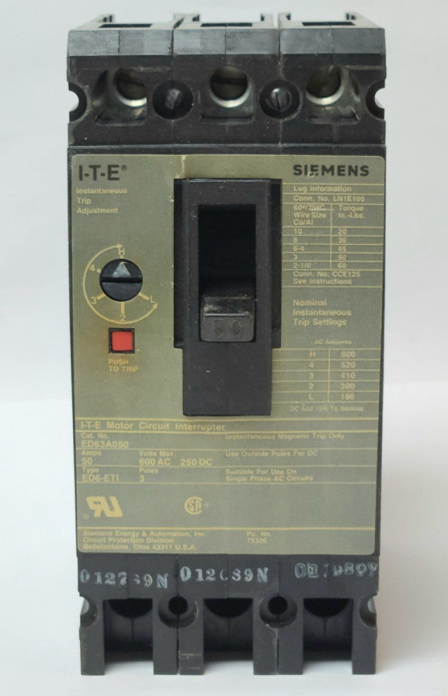 SIEMENS ITE ED63A050 3 Pole 50 AMP Type 50 AMP Type ED6 ETI Motor Circuit Protec