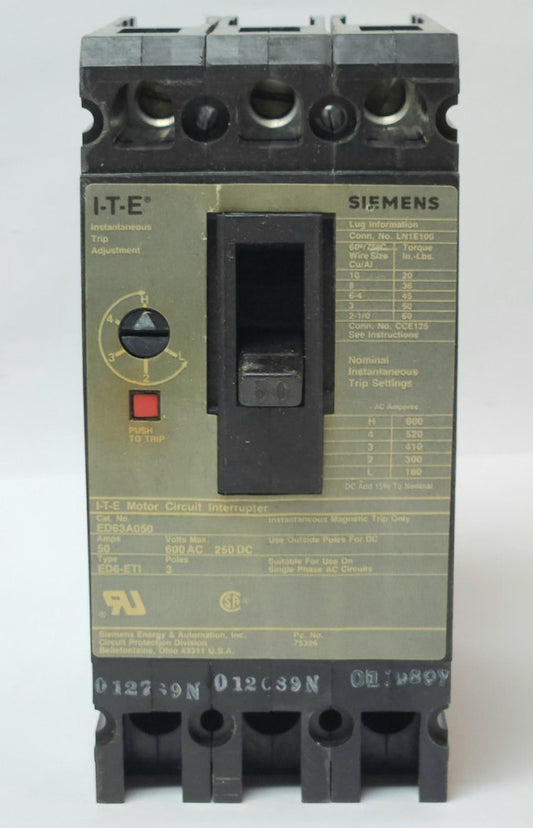SIEMENS ITE ED63A050 3 Pole 50 AMP Type 50 AMP Type ED6 ETI Motor Circuit Protec