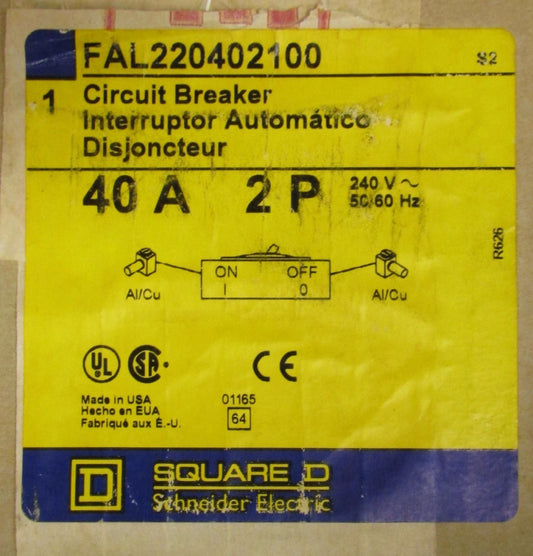 SQUARE D Type FA Breaker w/ Auxiliary 2 Pole 40 Amp FAL220402100