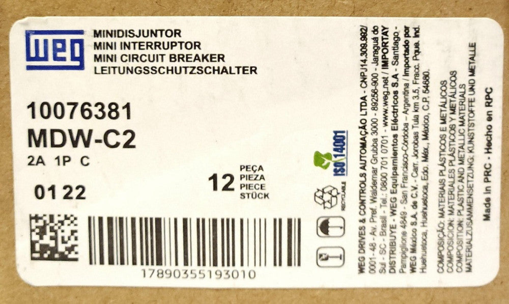WEG MDW-C2 Single Pole 2 AMP 10076381 MDW C2 Circuit Breaker