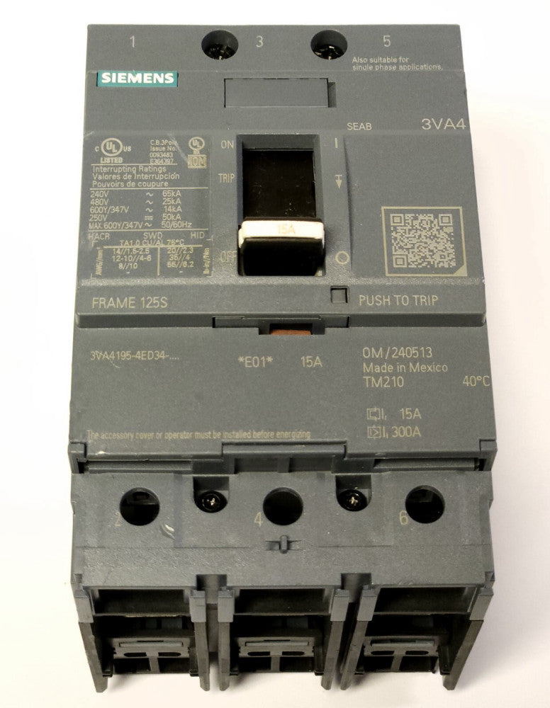 SIEMENS 3VA4195 4ED34 0AA0 3 Pole 15 AMP 3VA4 FRAME 125S