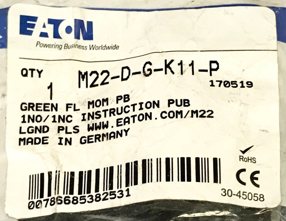 EATON MOELLER M22 D G K11 P Flush Green Momentary Pushbutton 1 NO 1 NC Contact 