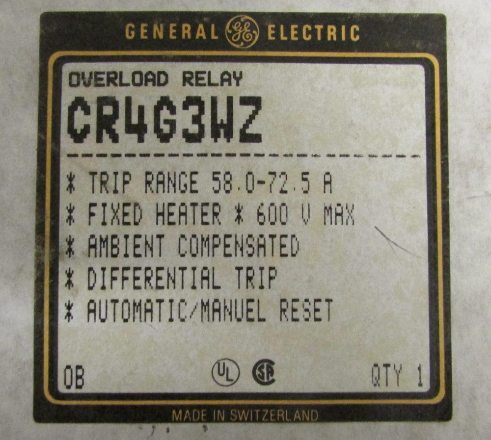 GE GENERAL ELECTRIC CR4G3WZ 58-72.5 AMP Fixed Heater Overload Relay 