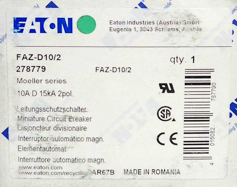 EATON MOELLER FAZ-D10/2 2 Pole 10 AMP 277/480 VAC Miniature Circuit Breaker
