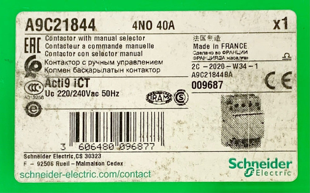 SCHNEIDER ELECTRIC A9C21844 Manual Selector Contactor 4 NO 40 AMP Acti9 ICT 220 