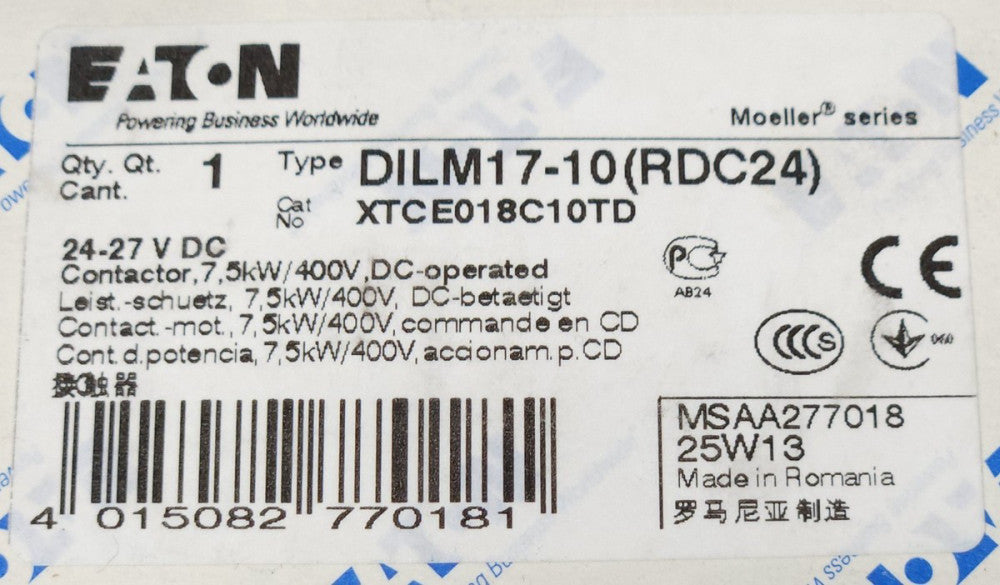 EATON MOELLER DILM17-10 RDC24 XTCE018C10TD 24-27 VDC 3 Pole Contactor