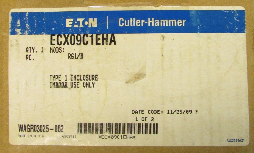 EATON CUTLER HAMMER ECX09C1EHA IEC 1-5 Amp Starter Nema 1 Enclosure Mods: R61/B