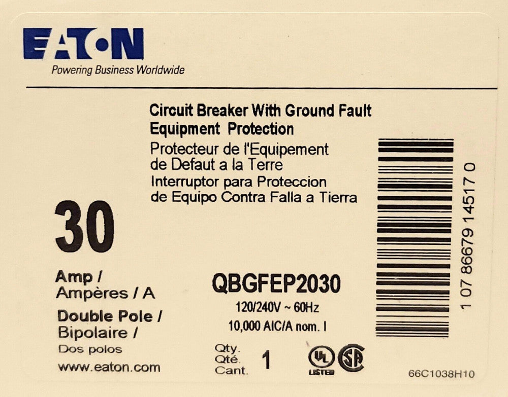 EATON QBGFEP2030 2 Pole 30 AMP QBGFEP Ground Fault Circuit Breaker Equipment