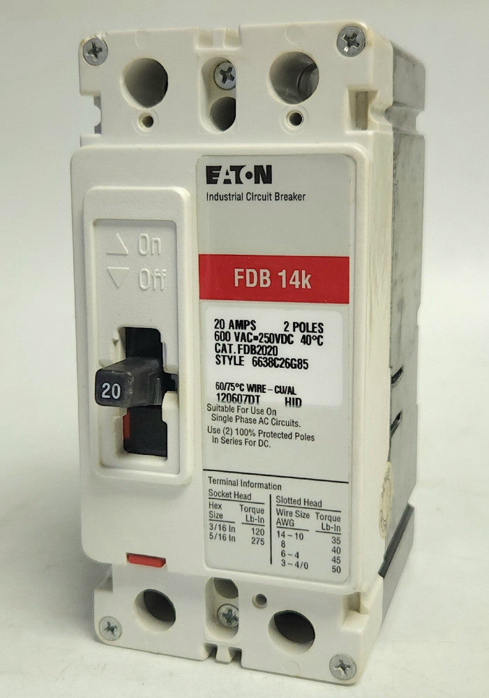 EATON CUTLER HAMMER FDB2020 2 Pole 20 AMP Type FDB Circuit Breaker