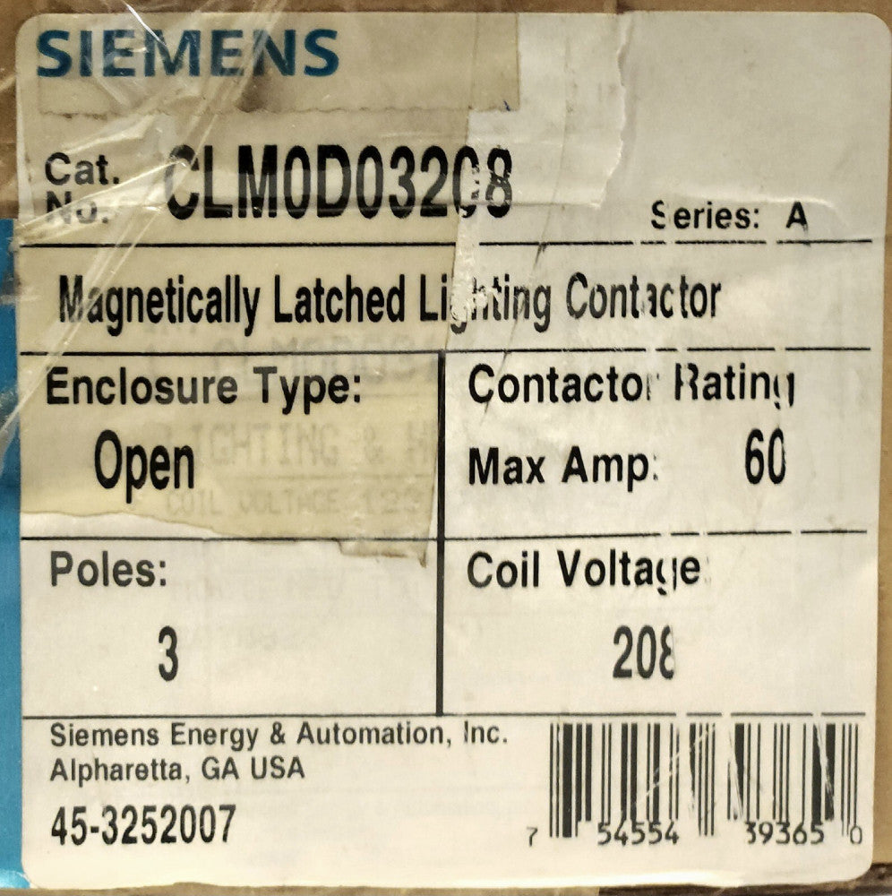 SIEMENS CLM0D03208 3 Pole AC Lighting Contactor 60 AMP 208 VAC Magnetically