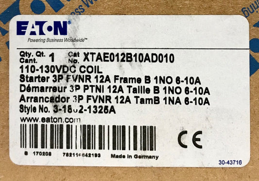 EATON XTAE012B10AD010 110-130 VDC 12 AMP FUNR Starter 6-10 AMP 3 Pole