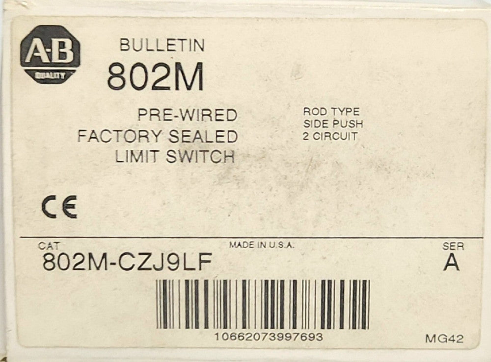 ALLEN BRADLEY 802M CZJ9LF Pre Wired Rod Type Side Push Limit Switch 2 Circuit