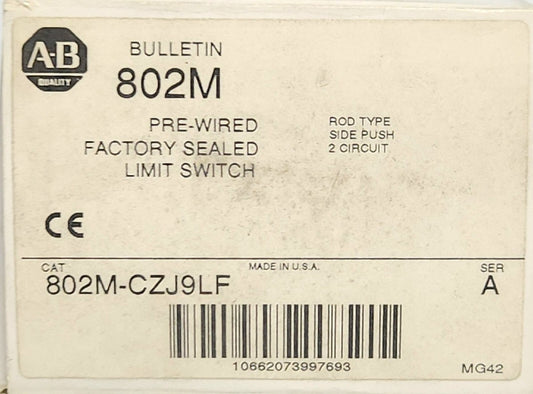 ALLEN BRADLEY 802M CZJ9LF Pre Wired Rod Type Side Push Limit Switch 2 Circuit