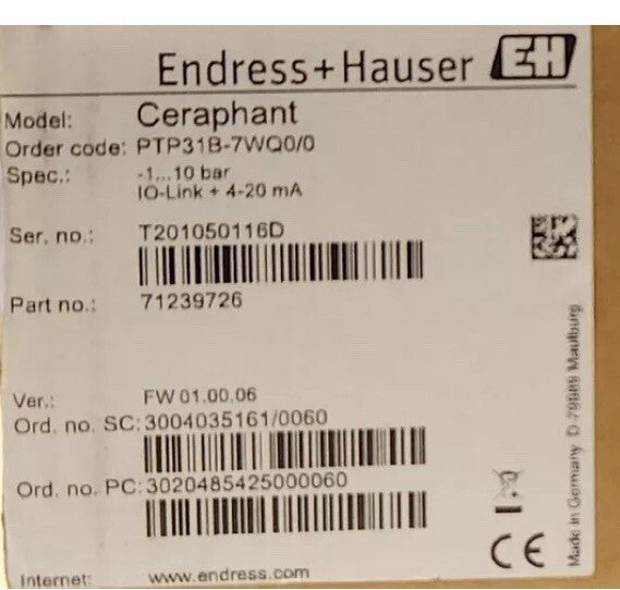 EH ENDRESS + HAUSER PTP31B 7WQ0/0 71239726 CERAPHANT Transmitter Pressure Switch