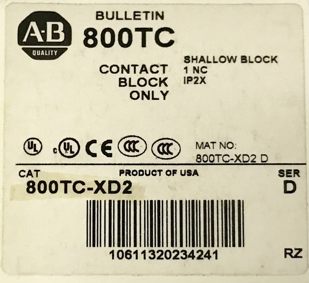 ALLEN BRADLEY 800TC-XD2 Pushbutton Contact Block 1 NC IP2X 800TC XD2