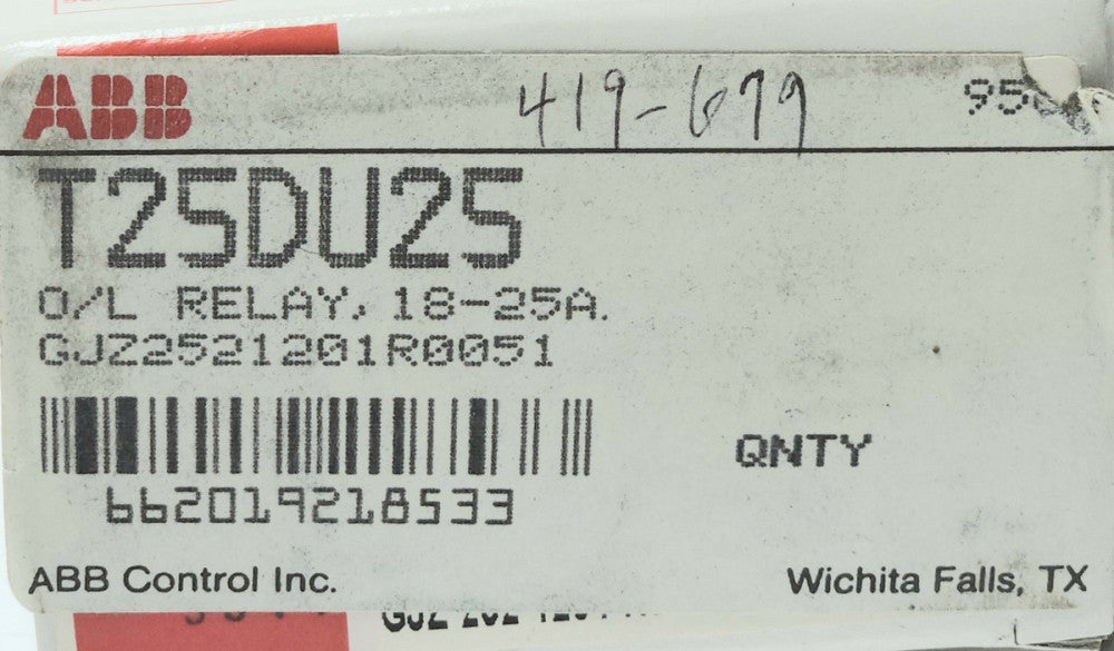 ABB T25DU25 Thermal Overload Relay 18-25 AMP T 25 DU