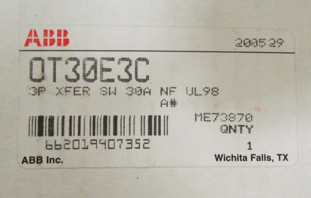 ABB OT30E3C 3 Pole 30 Amp Disconnect Switch NF UL98 ME73870