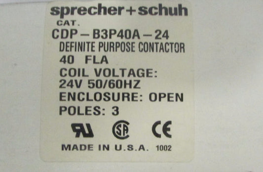 SPRECHER & SCHUH CDP B3P40A 24 Definite Purpose 40 Amp 24 V Contactor