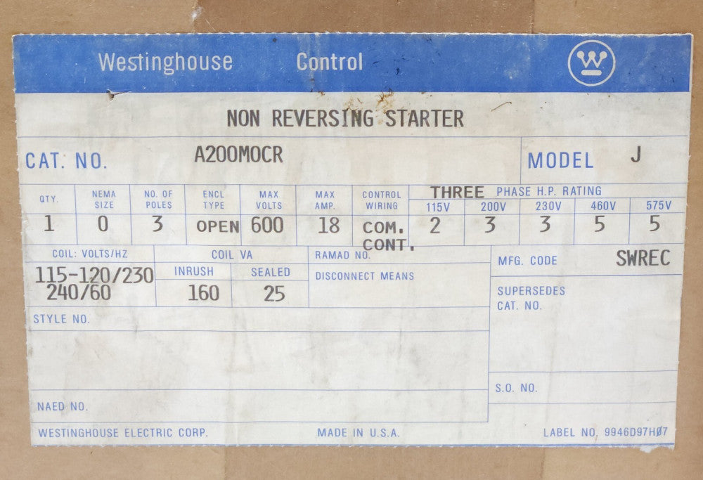 WESTINGHOUSE CUTLER HAMMER A200M0CR 3 Pole 120 VAC 240 VAC Size 0 Dual Voltage