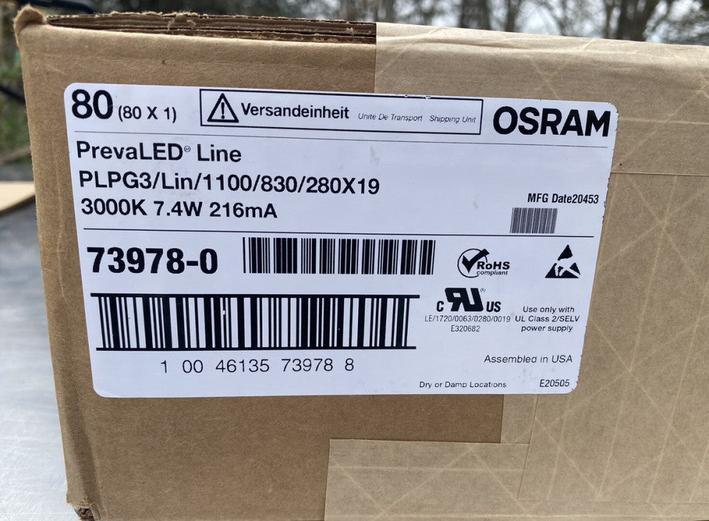 NEW Box of 80 Osram PrevaLED PLPG3/Lin/1100/830/290x19 3000K 7.4W 216ma 73978