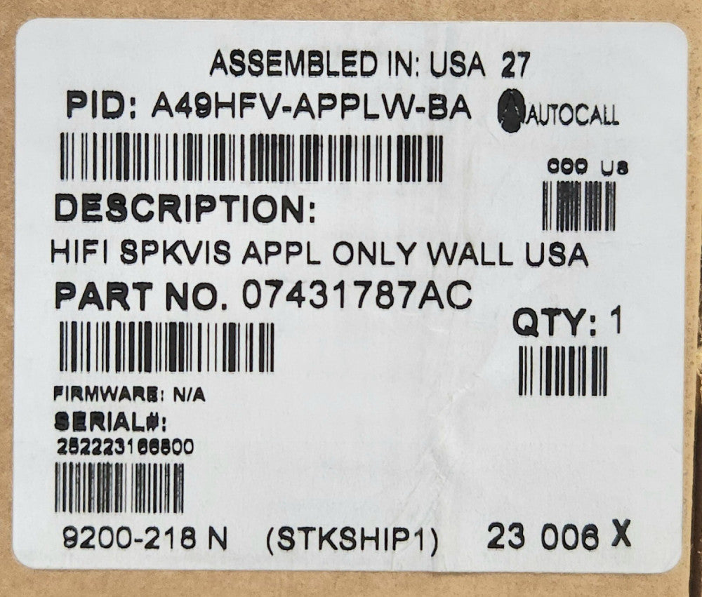 AUTOCALL A49HFV APPLW BA 07431787AC True Alert ES FIRE ALERT ALARM TYCO