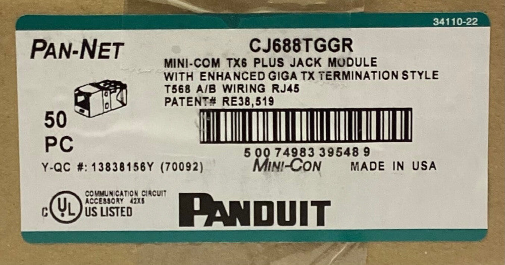 BOX OF 50 PANDUIT CJ688TGGR PAN-NET MINI COM TX6 PLUS JACK MODULE Enhanced GIGA