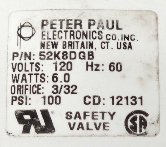 PETER PAUL 52K8DGB Solenoid Safety Valve 120 VAC 100 PSI 3/32 ORIFICE 6 WATT