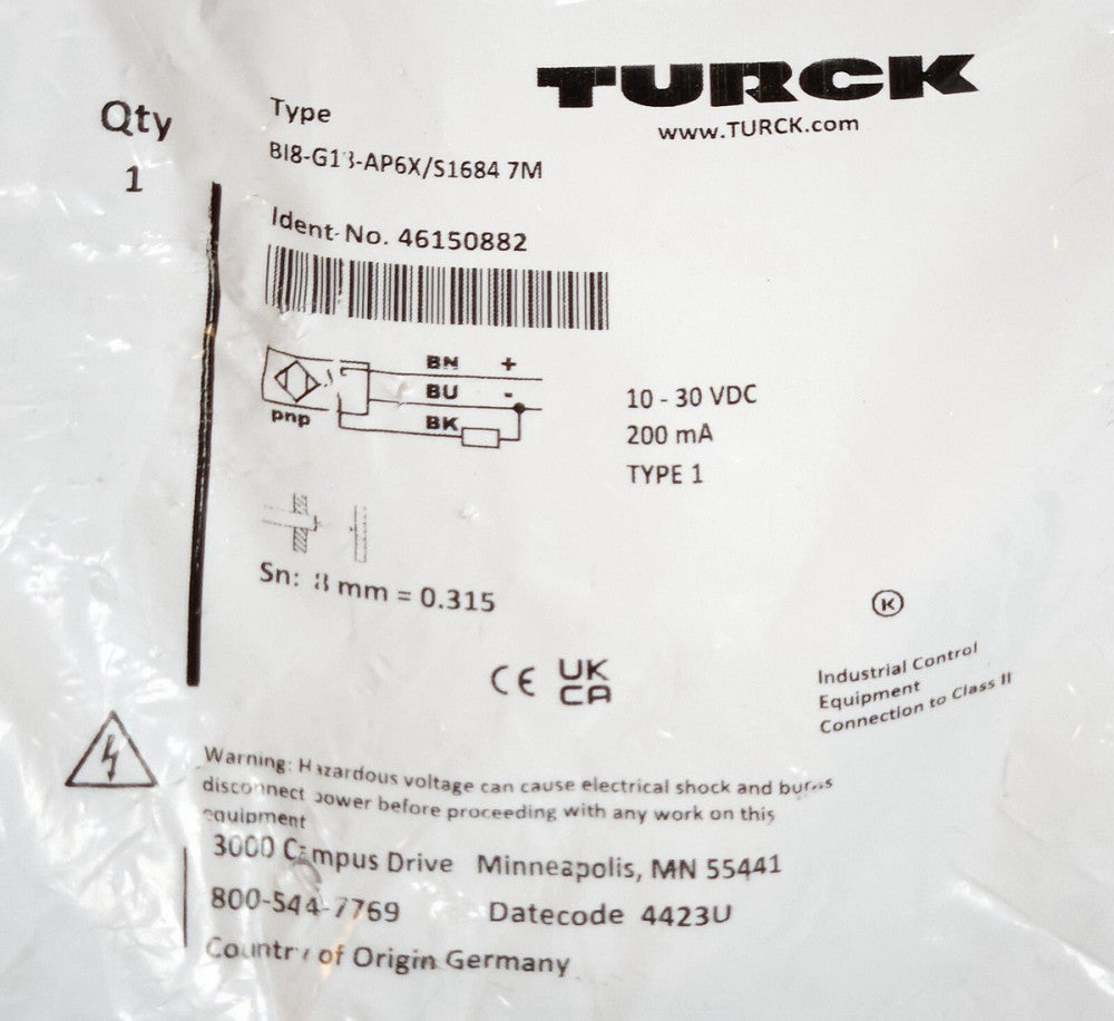 SEALED TURCK B18 G18 AP6X S1684 7M 10-30 VDC Proximity Sensor 46150882 7M 200mA
