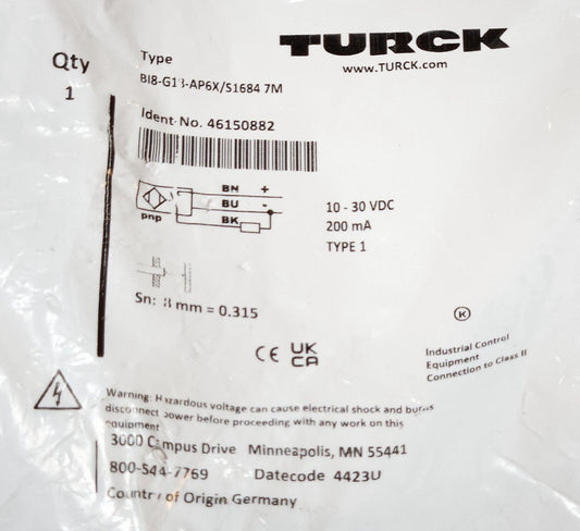 SEALED TURCK B18 G18 AP6X S1684 7M 10-30 VDC Proximity Sensor 46150882 7M 200mA