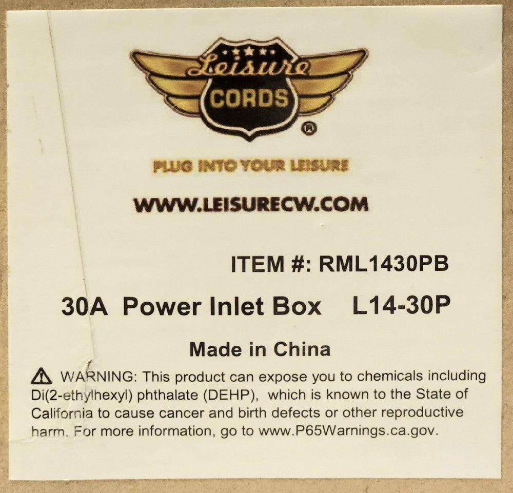 INTERTEK LEISURE CORDS RML1430PB 30 AMP L14-30P Power Inlet Box