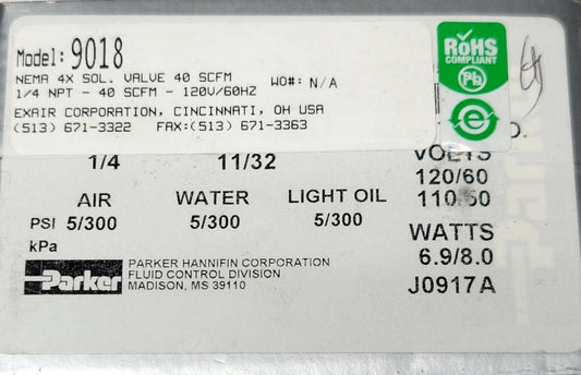 PARKER 04F25C2122CAF4C0577 Model 9018 Solenoid Control Valve 120 VAC PSI 5/300