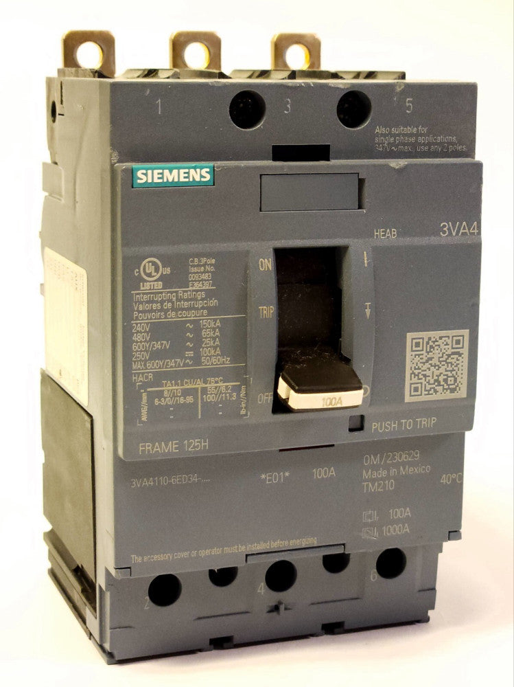 SIEMENS 3VA4110 6ED34 0AA0 3 Pole 100 AMP 3VA4 Circuit Breaker FRAME 125H