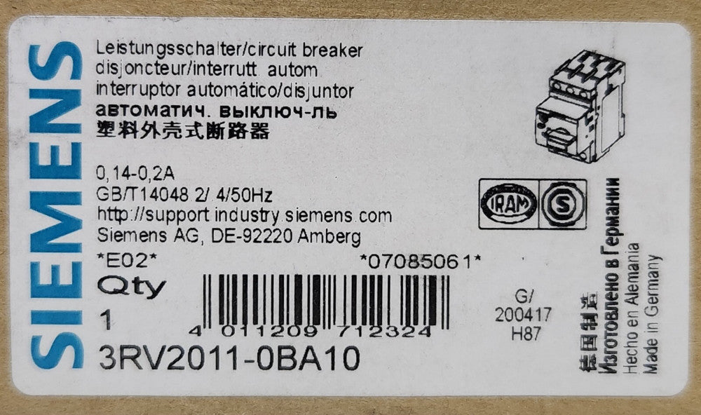 SIEMENS 3RV2011 0BA10 SIRIUS .14-0.2 AMP Manual Protector Circuit Breaker