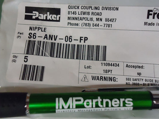 Parker S6-ANV-06-FP QUICK COUPLING MALE NIPPLE. Brand New! 5 pieces!