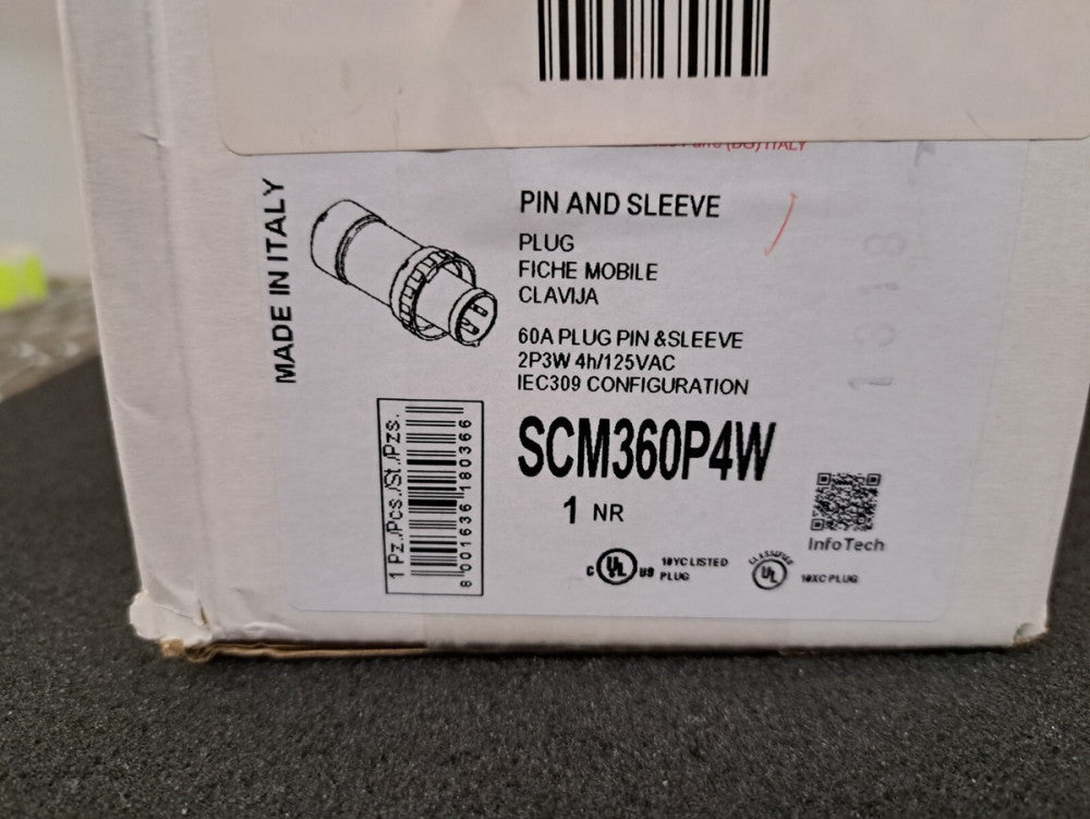 New, Scame, SCM360P4W, PIN & SLEEVE MALE PLUG 60AMP 125VAC 2P 3W IP67 WATERTIGHT