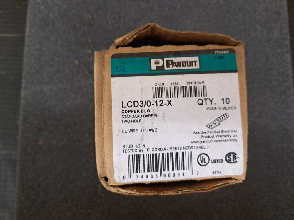 New, Panduit, LCD3/0-12-X, CONN TERM RECT TONG 3/0 AWG #1/2