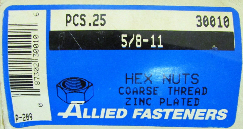 (Box of 25) ALLIED FASTENERS 30010 5/8-11 5/8 Coarse Thread Zinc Plated Hex Nut