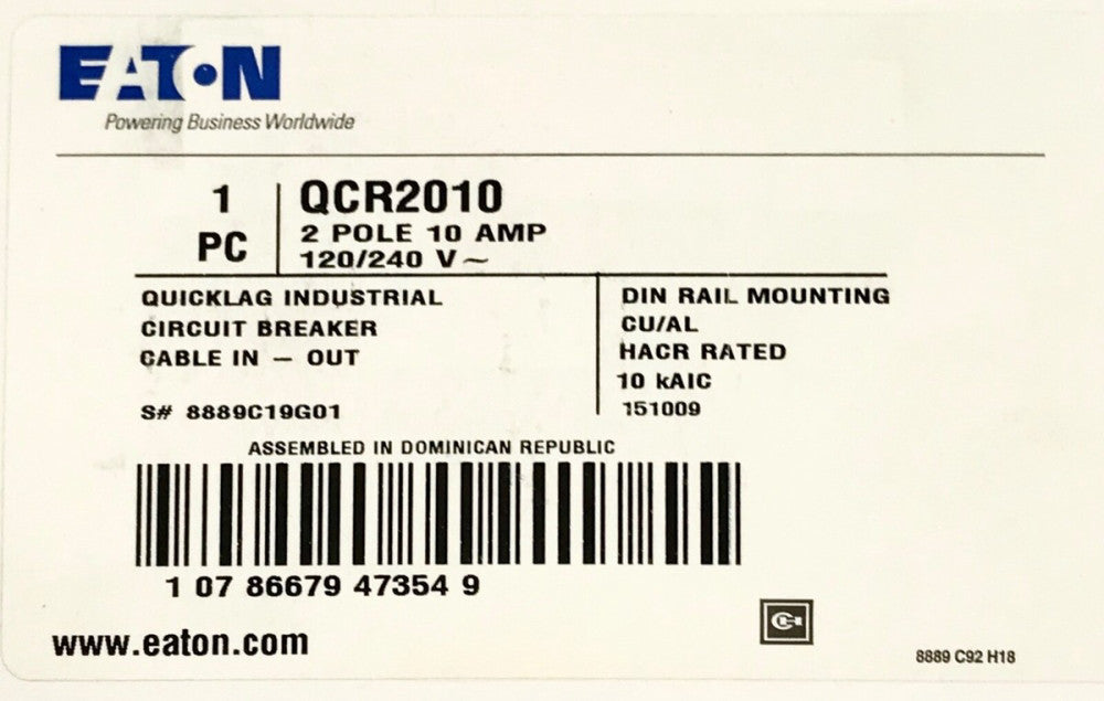 EATON OCR2010 2 Pole Type QC Quick Lag Circuit Breaker Din Rail HACR 10 kAIC