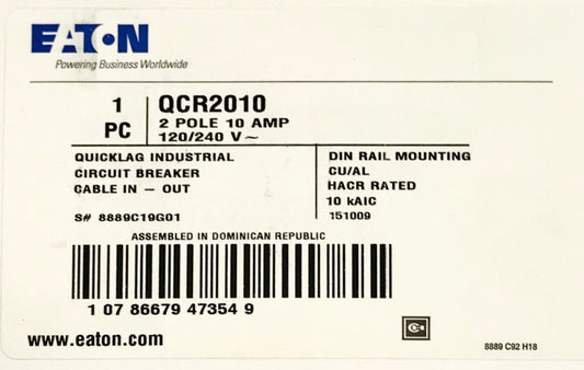 EATON OCR2010 2 Pole Type QC Quick Lag Circuit Breaker Din Rail HACR 10 kAIC