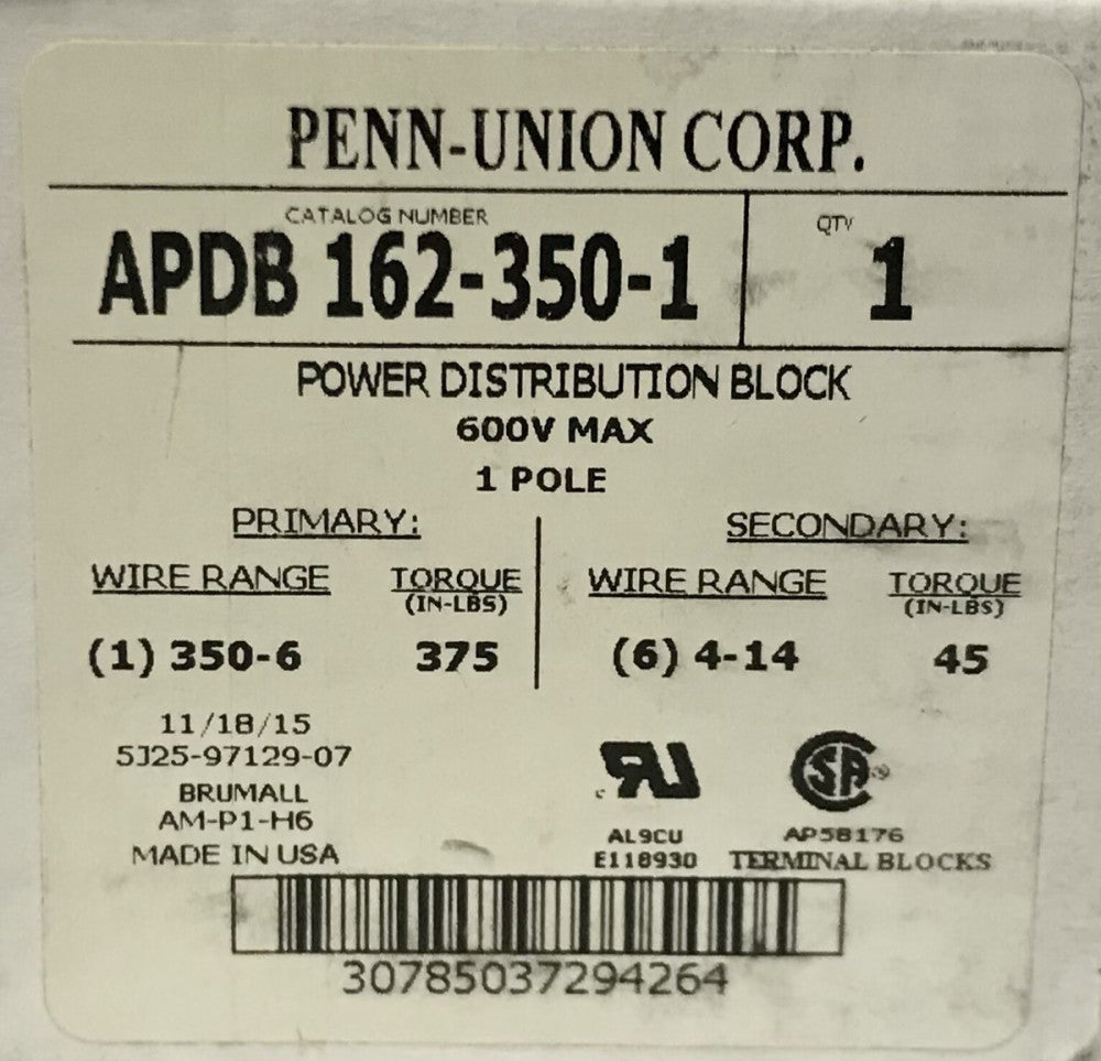 PENN UNION APDB 162 350 1 Power Distribution Block 600 VAC 1Pole Primary(1)350-6