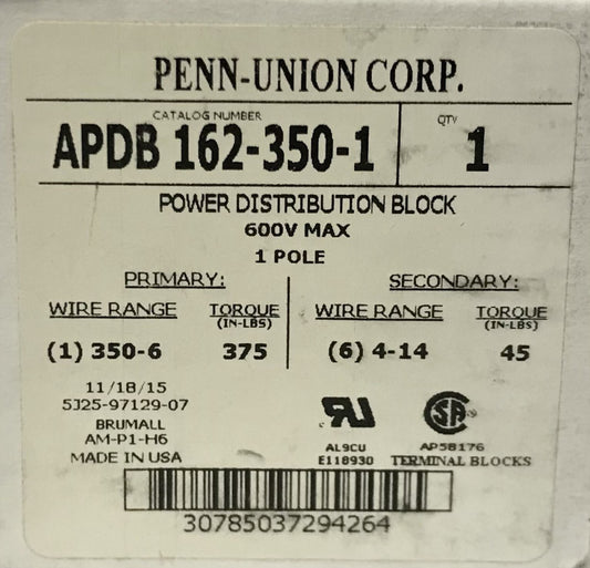 PENN UNION APDB 162 350 1 Power Distribution Block 600 VAC 1Pole Primary(1)350-6