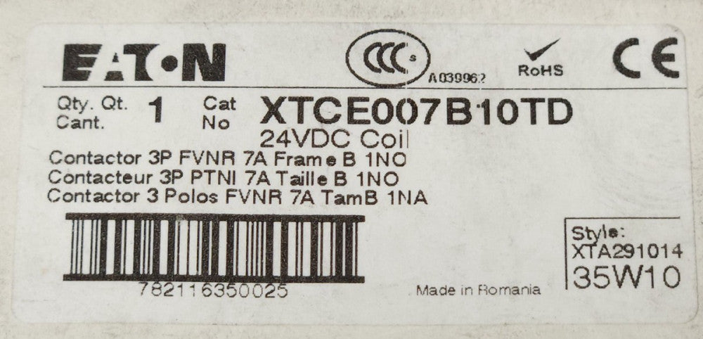 EATON DILM7-10 XTCE007B10TD 24 VDC XTCE007B10 FVNR Contactor 3 Pole 7 AMP 1 NO 1