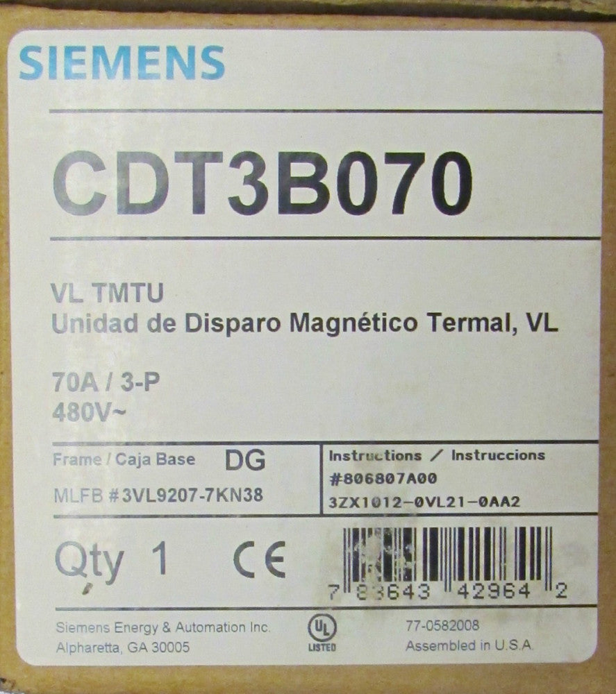 SIEMENS CDT3B070 VL TMTU DG Frame Circuit Breaker Trip Unit 3P 70A HED43B050