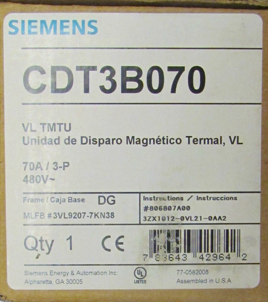 SIEMENS CDT3B070 VL TMTU DG Frame Circuit Breaker Trip Unit 3P 70A HED43B050