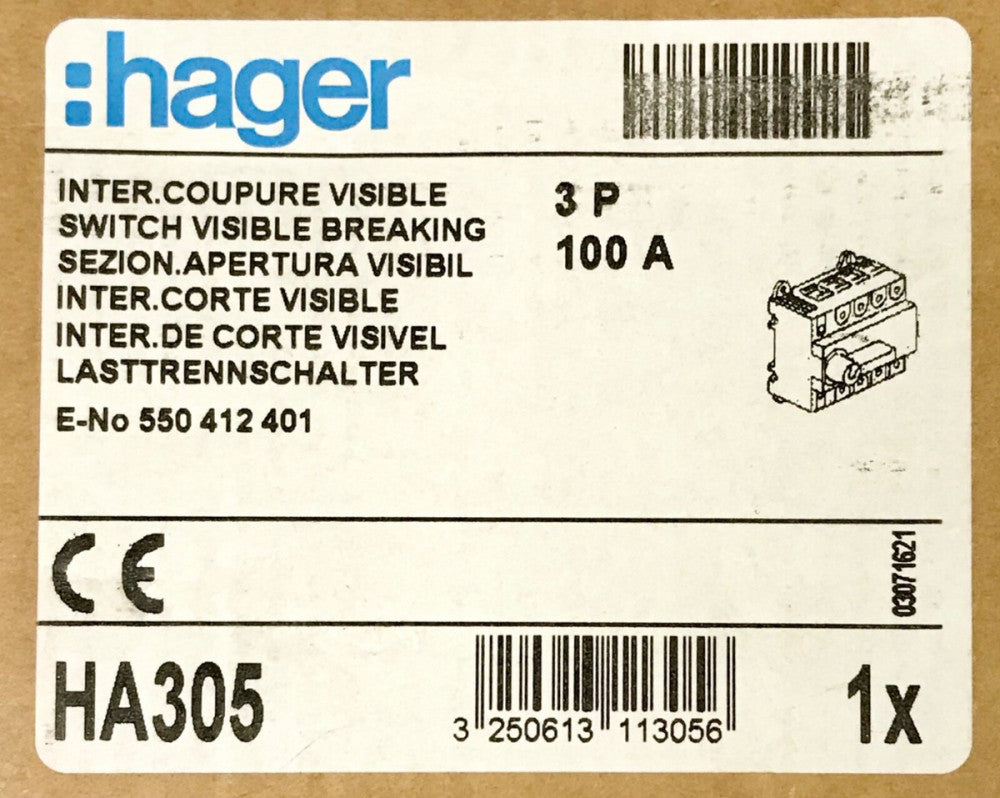 HAGER HA305 3 Pole 100 AMP Visible Load Break Switch HA305-100A