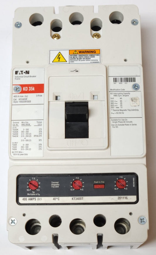 EATON CUTLER HAMMER KD3400 3 Pole 400 AMP Type KD Circuit Breaker