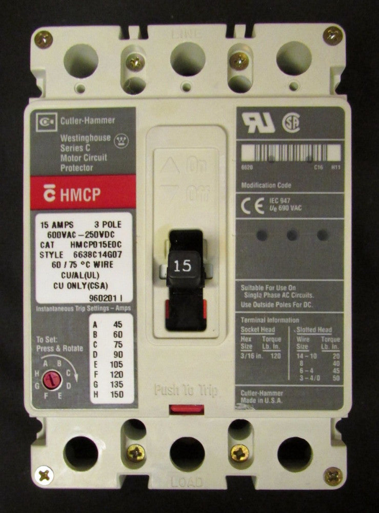 CUTLER HAMMER WESTINGHOUSE HMCP Motor Circuit Protector 15 Amp 3 Pole HMCP015E0C