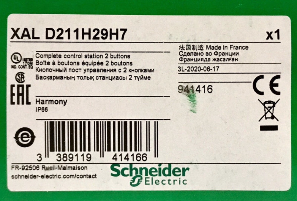 SCHNEIDER ELECTRIC XAL D211H29H7 Complete START STOP Pushbutton Control Station