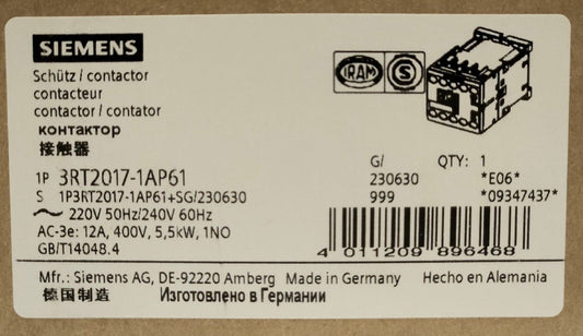 SIEMENS 3RT2017 1AP61 SIRIUS Contactor 220 240 VAC 12 AMP 400 Volt 5.5 KW 1 NO