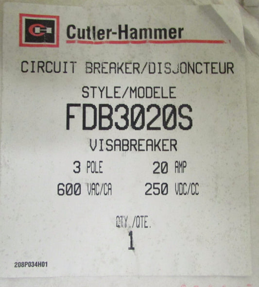 CUTLER HAMMER FDB3020S 3 Pole 20 Amp FDB Visabreaker French Canadian Label 